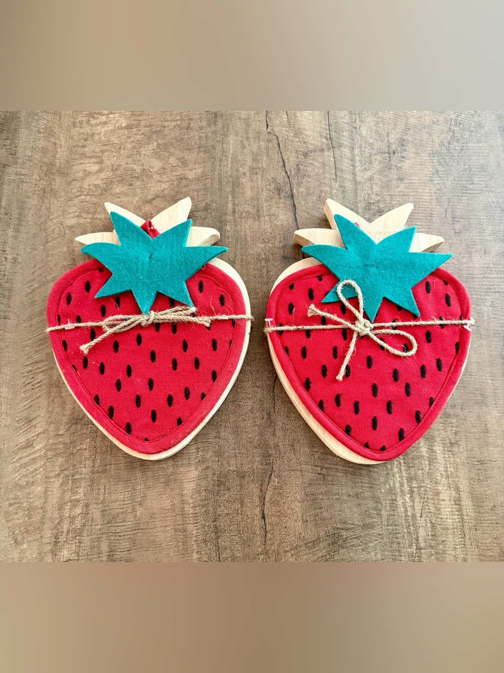 Strawberry Shaped Wood & Fabric Trivets Hot Pads - Set of 2